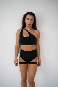 Black Straps High Waisted Shorts For Pole Dance