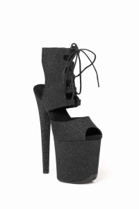 Czarne Materiałowe Buty z Błyskiem do Exotic Pole Dance Fame | Obcas 20 cm