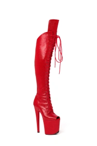 Red Over The Knee Open Toe Boots in Snake Finish | Hard