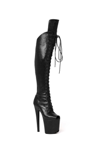 Black Over The Knee Open Toe Boots in Snake Finish | Hard