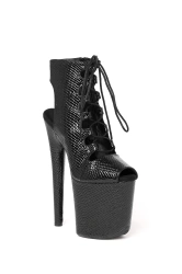 Czarne Sznurowane Sandałki do Exotic Pole Dance z Wężowej Eko Skóry Level Up | Obcas 20 cm